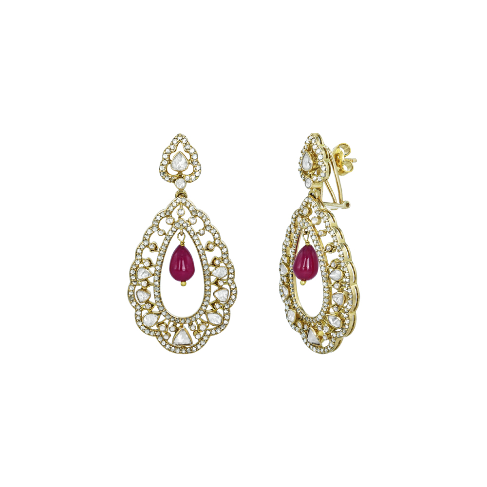 Polki Chandelier Diamond Earrings with Ruby Drop